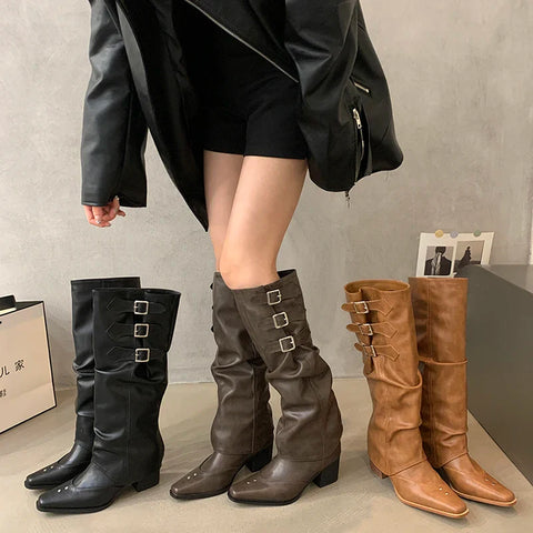 Sonicelife Designer Autumn Cowboy Boots For Women Fashion Slip On Long Knight Boots Female Square High Heel 2024 Winter Footwear