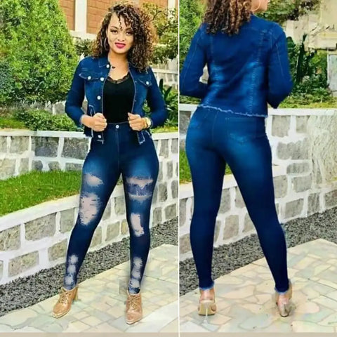 Sonicelife Matching Sets Denim Jackets Single Breasted Pant Sets Hole Ripped Pencil Pant Solid Slim Fit Pockets Streetwear 2024 Washed
