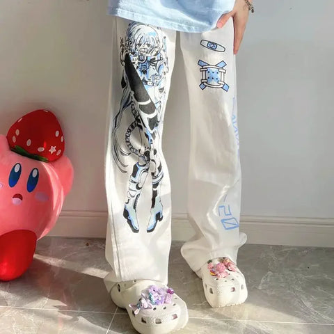 Sonicelife Y2K Anime Print White Pants Women Harajuku Manga Subculture Wide Leg Trousers Japanese Style Kawaii Cartoon Sweatpants