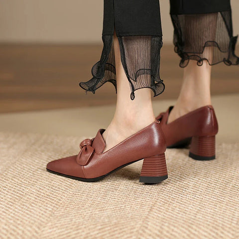 Sonicelife NEW Spring/Autumn Women Pumps Genuine Leather Shoes for Women Pointed Toe Chunky Heel Shoes Concise Butterfly-knot Modern Shoes