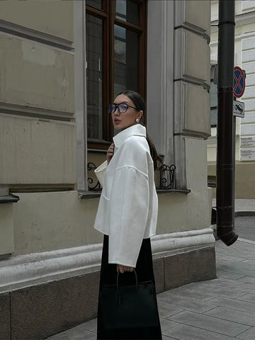 Sonicelife Elegant Pocket Zipper Short Woolen Coat For Women Fashion Lapel Long Sleeves White Coats Autumn Ladies New Commute Outerwear