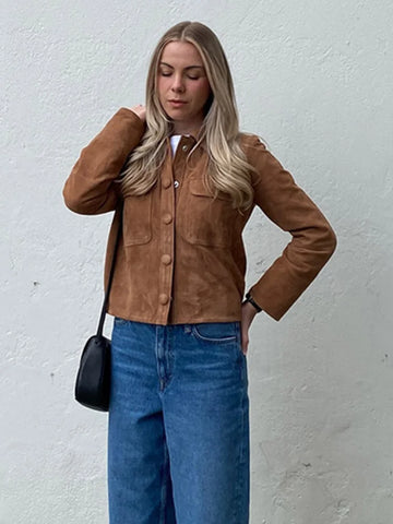 Sonicelife Casual Solid Color Suede Women's Short Jacket Single Breasted Slim Fit Long Sleeved Vintage Coats Chic Lady Fall Street Outwear