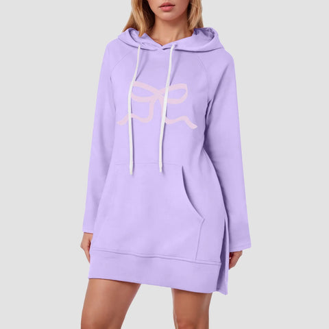 Sonicelife Women'S Spring Hoodie Dress With Pocket Casual Solid Color Long Sleeved Bow Printed Pullover Sweatshirts For Women Loose Fit