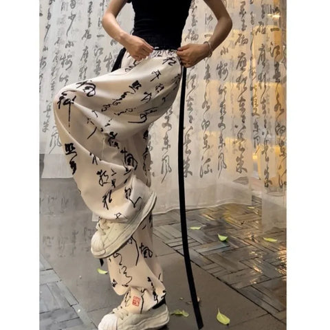 Sonicelife New Chinese Style Calligraphy Pants 2024 Summer  Ice Silk Straight Trousers Y2k E-Girl High Waist Loose Wide Leg