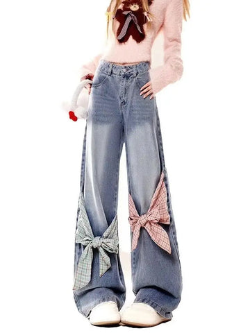 Sonicelife New American retro gothic checkered patchwork women jeans with bow tie and loose bandwidth Y2k streetwear wide leg pants