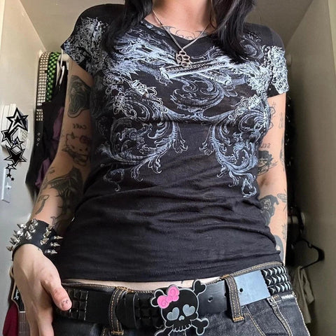 Sonicelife Harajuku Japanese Mall Goth T-shirt Kawaii Y2K Grunge Cyber Crop Tops Emo 90s Vintage Graphic Print Short Sleeve Baby Tee