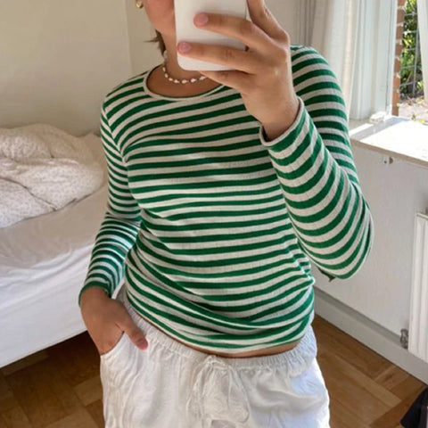 Sonicelife Vintage Preppy Style Y2K Crop Tops Clothes Cottage Striped Rib Knitted T-shirt Women Long Sleeve Casual Basic Tees Pullovers