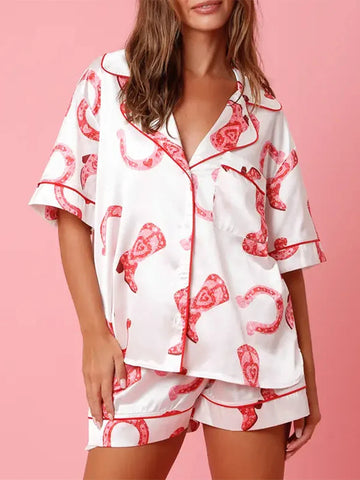 Sonicelife Women's 2Pieces Pajama Set Heart/Boots Print Short Sleeve Lapel Button Closure Shirt with Shorts Sleepwear Loungewear