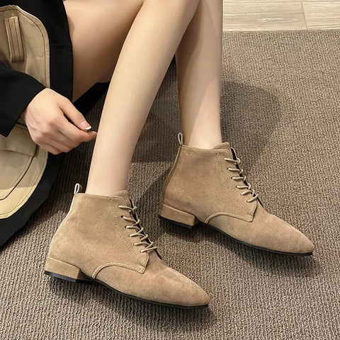 Sonicelife Women's Suede Ankle Boots Autumn British Style High Heeled Booties Woman Pointed Fashion Lace Up Thick Heel Platform Short Boots