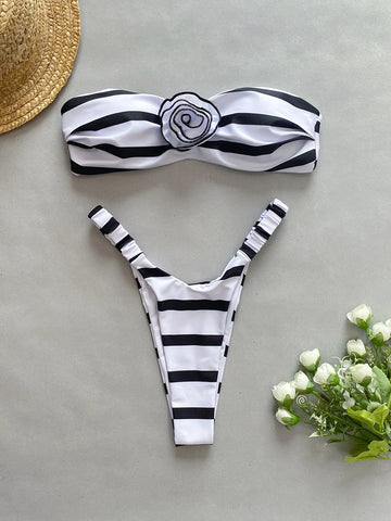 Sonicelife Bandeau Bikinis 2024 Sexy Women Swimsuits Swimwear Female Floral Striped Thong Brazilian Bikini Set Bathing Suit Swimming Suits