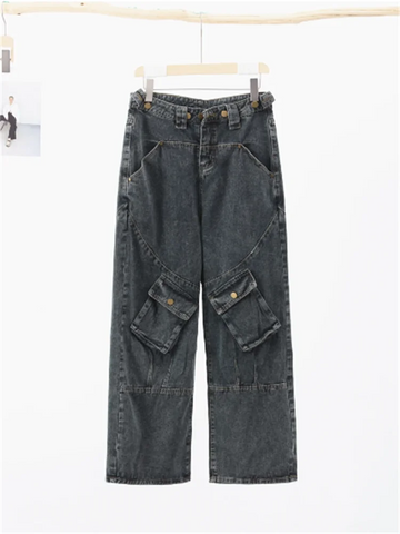 Sonicelife Cool Cargo Jeans Women Casual Big Pocket Oversize for Female Denim Pants New Ladies Hip Pop Vintage Wide Leg Trousers Streetwear