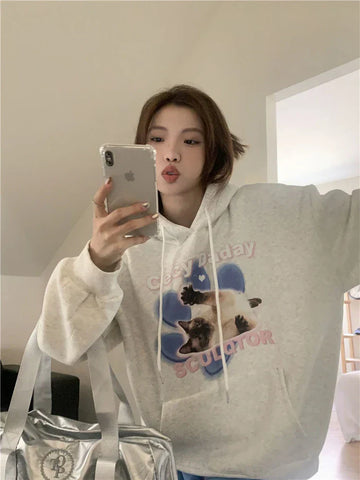 Back To School Sonicelife Harajuku Cat Print Hoodies Women Y2k Aesthetic O Neck Pullover Cutecore Long Sleeve Girl Tops Japanese Kawaii Sweatshirt