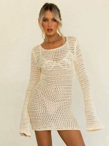 Sonicelife hoco dresses- Women Bikini Cover Ups Crochet Cutout Backless Long Sleeve Hollow Out See0-through Knitted Mini Dress Beach Sundress