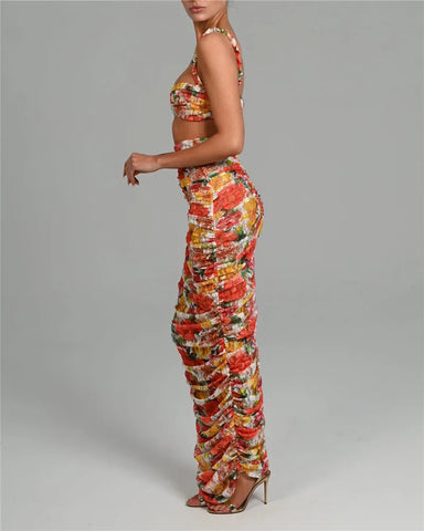 Sonicelife Floral Spaghetti Straps Bra Top and Skirt Set
