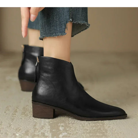 Sonicelife Women Pointy Brown Ankle Boots High Heels Shoes Woman Vintage Chelsea Boots Autumn PU Leather Femme Mid-heel Stubby Ankle Boots