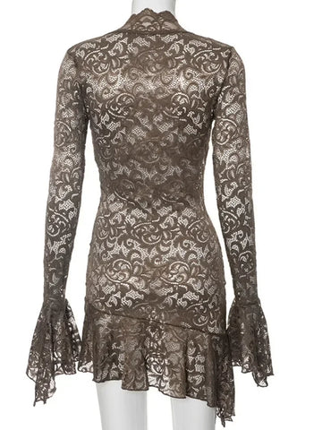Sonicelife hoco dresses-Women's V-neck Flare Sleeve Irregular Lace Dress 2024 Fashion Sexy High Waist Tunics Slim Short Party Dresses Night Club Outfit