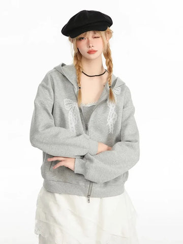 Black Friday Sonicelife Grey Bow Lace Print Zip Up Hoodies Women Y2k Harajuku Long Sleeve Sweatshirt Korean Fashion Cute Autumn Winter Clothes