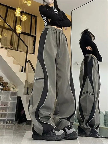 Sonicelife Y2K Line Design Pant Women Drawstring Pockets Wide Leg Chic Punk Pants Baggy Striped Sports Sweatpants Parachute Jogger Trousers