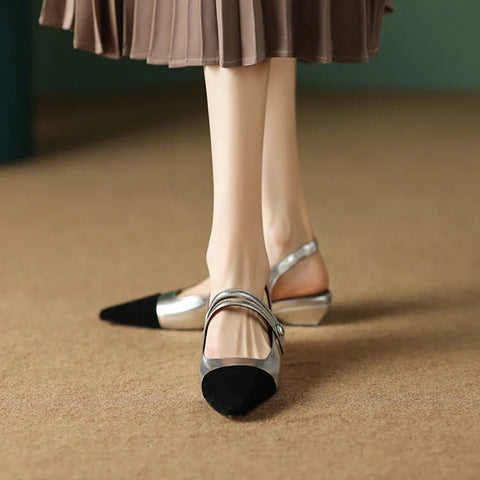 Sonicelife Summer Sandals Women Split Leather Shoes for Women Pointed Toe Slingback Women Shoes Low Heel Golden Shoes sandálias feminina