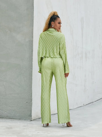 Sonicelife Green Two-Piece Shirt Pants Sets Spring Fall Women Pleated Outfit Long Sleeve Button-down Shirt+Loose High Waist Pants