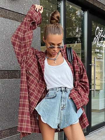 Sonicelife 2024 Autumn Winter Women Casual Oversized Plaid Shirt Long Sleeve Ladies Tops Loose Fit Long Blouse For Woman