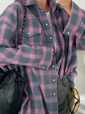 Sonicelife Aynaray 2024 Autumn Winter Women Vintage Oversized Plaid Shirt Long Sleeve Thick Loose Fit Blouse For Woman