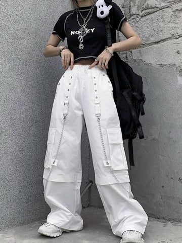 Sonicelife White Cargo Pants Women Streetwear Fashion Baggy Chain High Waist Wide Leg Casual Sweatpants Y2k Vintage Mujer Trousers