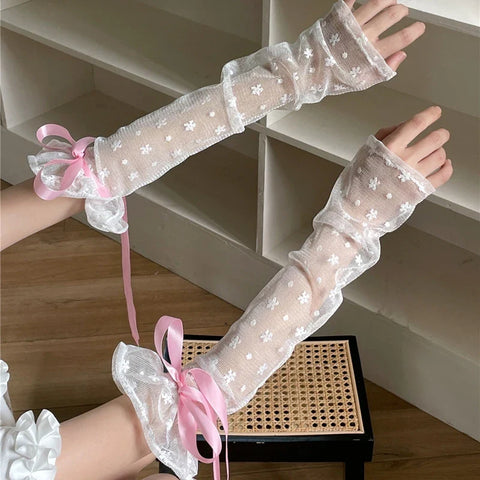 Sonicelife Lolita Cute Bow Y2K Floral Hollow Out Long Sunscreen Gloves Japanese Style Kawaii Lace Sheer Gloves UV Protection Arm Sleeves