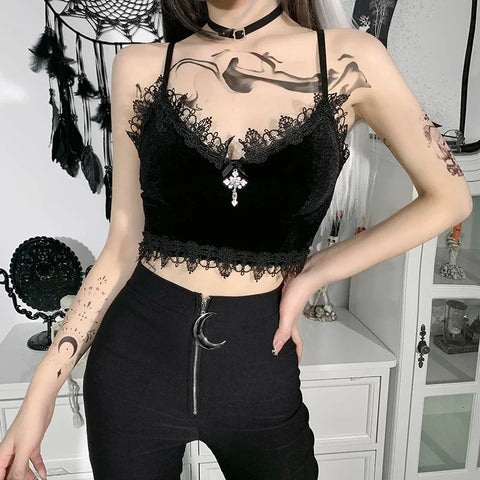 Sonicelife Women's Gothic Short Vest Dark Korean Velvet Small Camisole New Beauty Back Summer Lace Lace Wrap Vest Female Bustier Tops