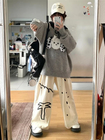 Black Friday Sonicelife Kawaii Dog Graphic Hooded Sweater Women Patchwork Grey Ribbed Knitwear Korean Fashion Autumn Oversized Winter Clothes