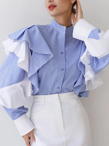 Sonicelife 2024 Autumn Winter Women Elegant Striped Blue Shirt Casual Long Sleeve Ruffles Blouse Female