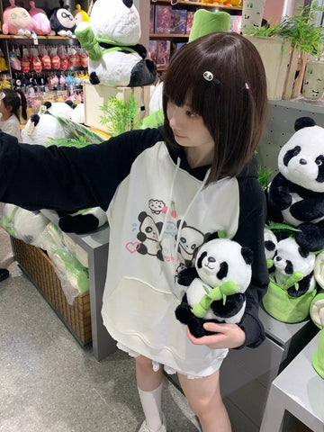 Black Friday Sonicelife Kawaii Panda Print Hoodies Women Anime Long Sleeve Sweatshirt Female US(Origin) Style Oversized Streetwear Cutecore Clothes