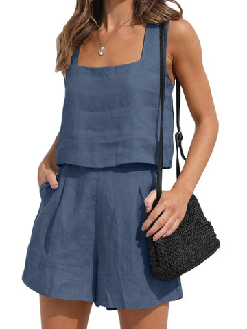 Sonicelife Linen Square Neckline Sleeveless Top and Shorts Set