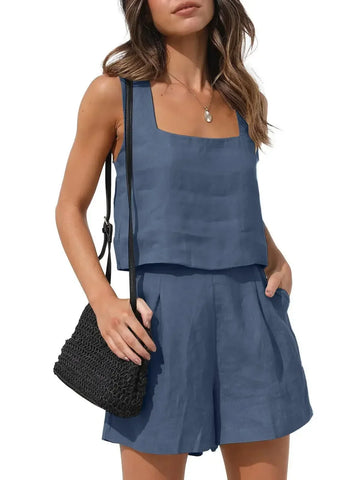 Sonicelife Linen Square Neckline Sleeveless Top and Shorts Set