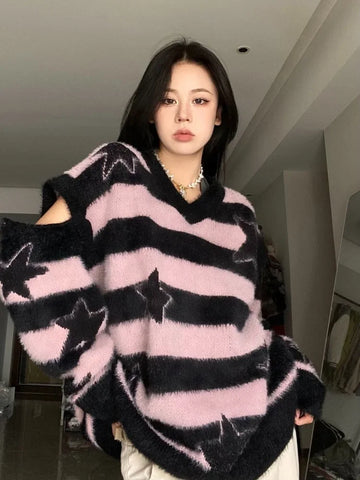 Black Friday Sonicelife Harajuku Striped Sweater Oversize Y2k Style Pink Detachable Sleeves Star Print Jumpers Gothic Winter Korean Alt Clothes