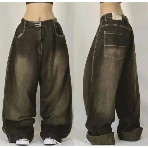 Sonicelife Korean Version New Washed Solid Color Baggy Jeans Female Y2K High Street Fashion Casual Gothic High Waist Baggy Wide Leg Pants