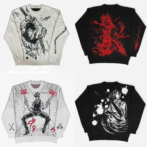 Back To School Sonicelife 2024 Fall Fashion  Men Women Fashion Streetwear Black Sweater Anime Knitted Sweater Harajuku Autumn Winter Casual Loose Cotton Pullover Sweaters