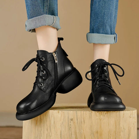 Sonicelife Autumn/Winter Women Boots Genuine Leather Shoes for Women Round Toe Chunky Heel Boots Casual Platform Short Boots сапоги женские
