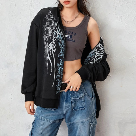 Sonicelife 2024 Fall Fashion Graphic Print Zip Up Hoodie 00s Retro Cyber Y2K Sweatshirt Wings Grunge Emo Goth Jacket Coat Women Men Aesthetic Streetwear