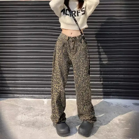 Sonicelife Retro Spring Trendy Leopard Print Jeans Women's American High Street Trousers Y2K Harajuku Style Baggy  Waist Casual Pants