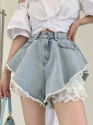 Back To School Sonicelife Blue Lace Denim Shorts Women Y2k Fashion Loose High Waist Korean Style Causal A-line Jeans Streetwear Retro Summer Pants