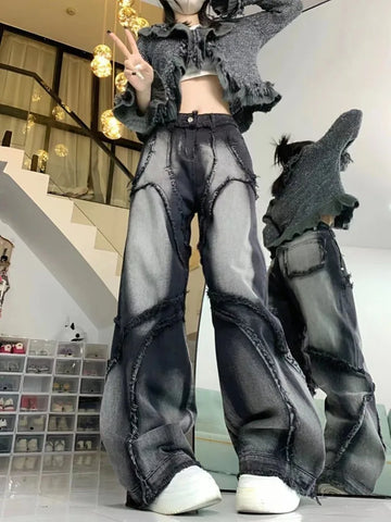 Sonicelife Black High Waist Women Jeans Hip-hop Style Fashion Vintage Streetwear Y2K Wide Leg Jean 2024 Female Trouser Baggy Denim Pants