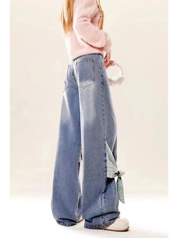 Sonicelife New American retro gothic checkered patchwork women jeans with bow tie and loose bandwidth Y2k streetwear wide leg pants