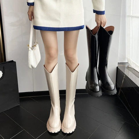 Sonicelife New Autumn Women's Boots Split Leather Shoes for Women Round Toe Chunky Heel Winter Women Boots Thick Heel Knee-High Boots Women