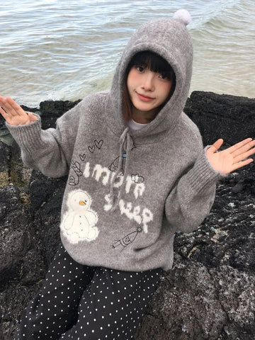 Black Friday Sonicelife Kawaii Snowman Hooded Sweatshirt Women Gray Ribbed Hoodies Knitwear Korean Fashion Oversize Cutecore Winter Clothes Chic