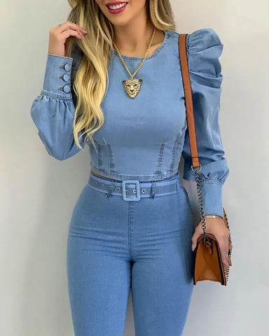 Sonicelife Denim Blue Women blouse Round Neck Puff Sleeve Corset Top Long Sleeve Shirt Sexy Tops Blouses Denim Top Shirt Sweetheart Slim