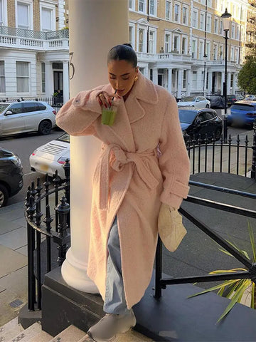 Back To School Sonicelife Fashion Women Winter Warm Thicken Faux Lamb Wool Overcoat Chic Pink Lapel Long Sleeve With Belt 2024 New Lady High Streetwear