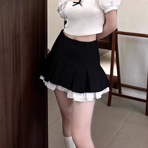Sonicelife-Black White Splicing Pleated Skirt Women Kawaii High Waist Mini Skirts Fashion School Girls Harajuku Streetwear Sexy Summer Y2k