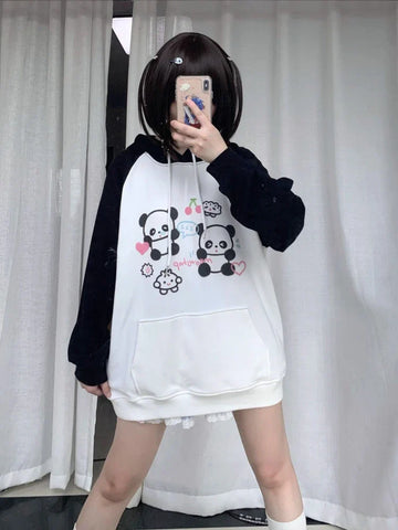 Black Friday Sonicelife Kawaii Panda Print Hoodies Women Anime Long Sleeve Sweatshirt Female US(Origin) Style Oversized Streetwear Cutecore Clothes