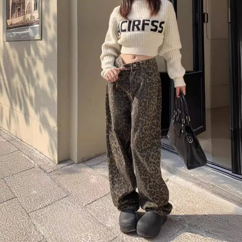 Sonicelife Retro Spring Trendy Leopard Print Jeans Women's American High Street Trousers Y2K Harajuku Style Baggy  Waist Casual Pants